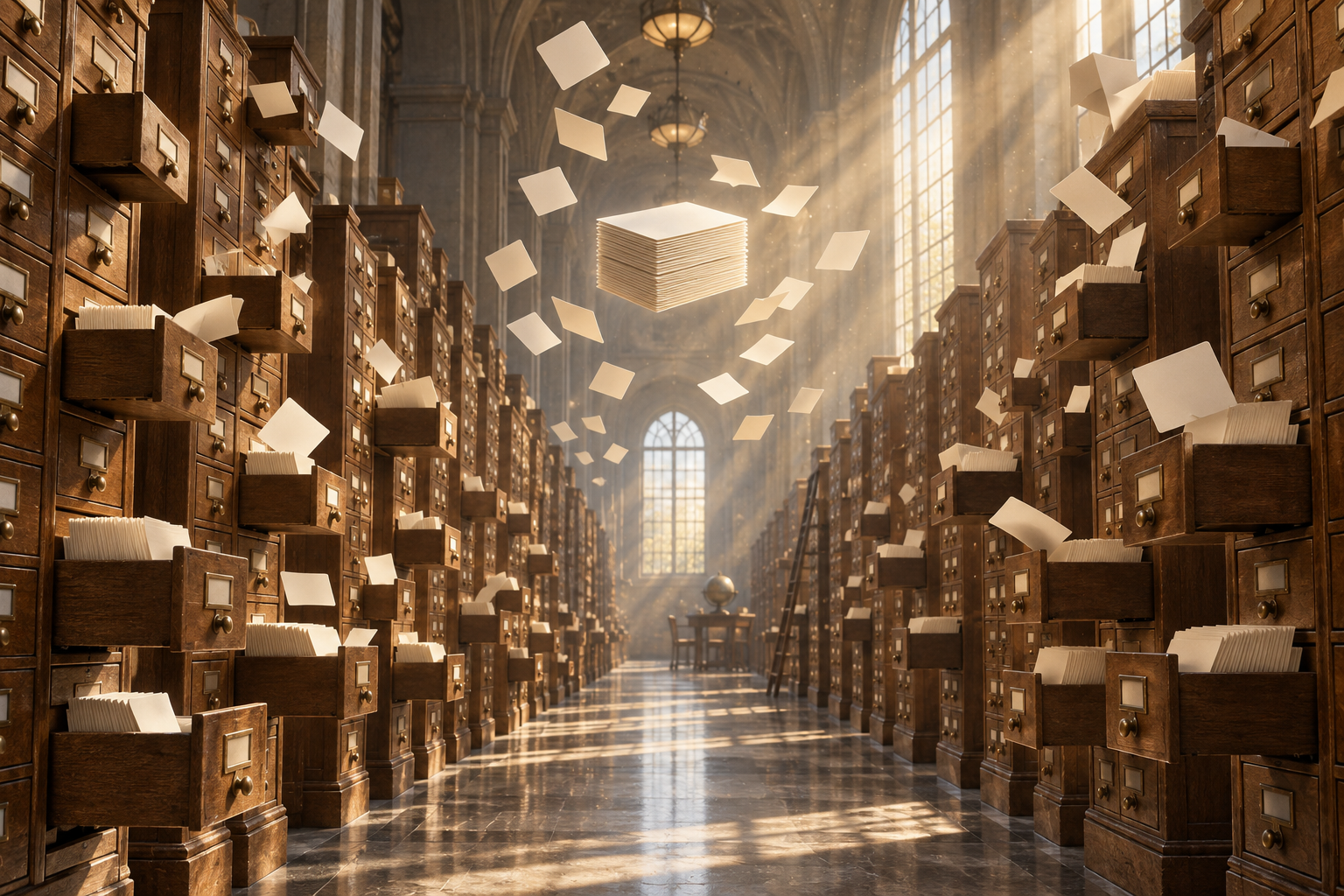 Blank index cards rise from open drawers in a sunlit archive warehouse and gather into one neat floating stack.