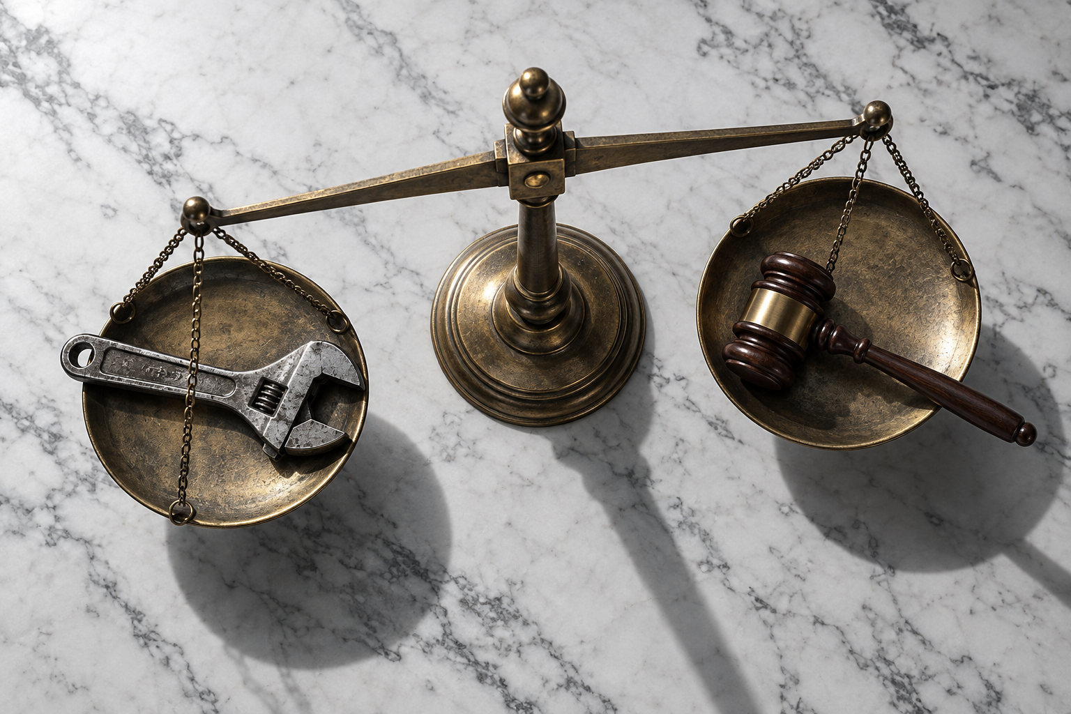An overhead view of a brass balance scale on marble weighing a steel wrench against a wooden gavel.