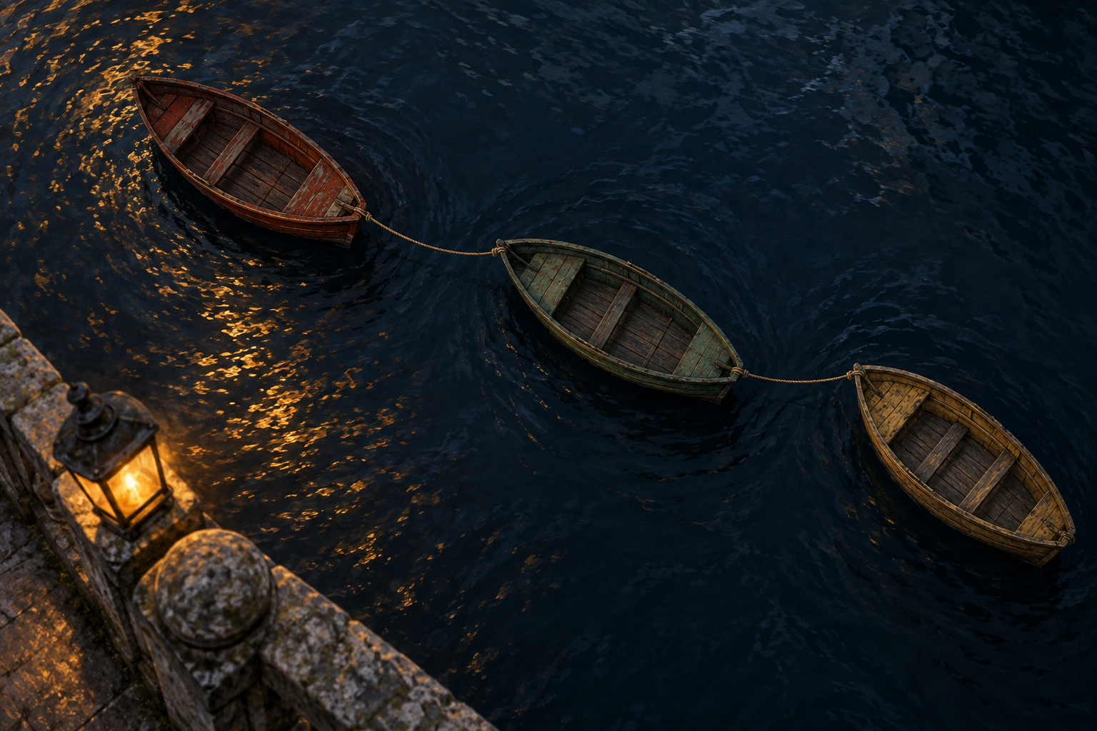 Three rowboats tied together by one rope drift on a dark river, viewed from above a bridge at dusk.