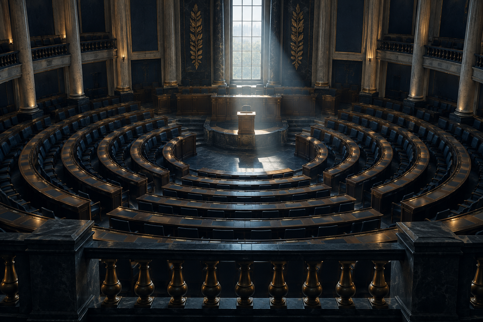 An empty semicircular parliament chamber seen from above with morning light on a lone lectern.
