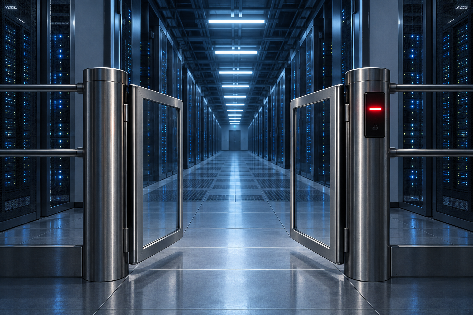 An unattended security turnstile stands open in front of a long, brightly lit corridor of server racks.