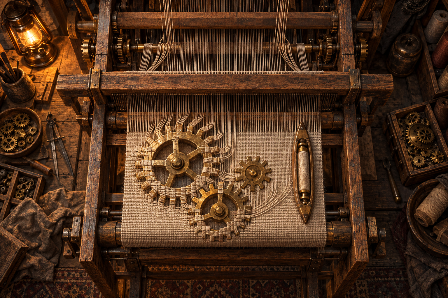 Seen from above, a wooden loom weaves replacement gears for itself into its own cloth.