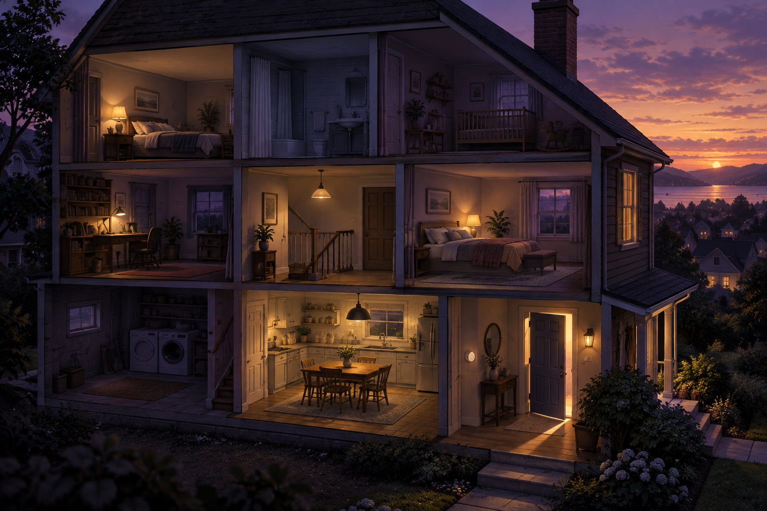 A cutaway dollhouse at dusk with lamps lighting up room by room and a glowing thermostat.