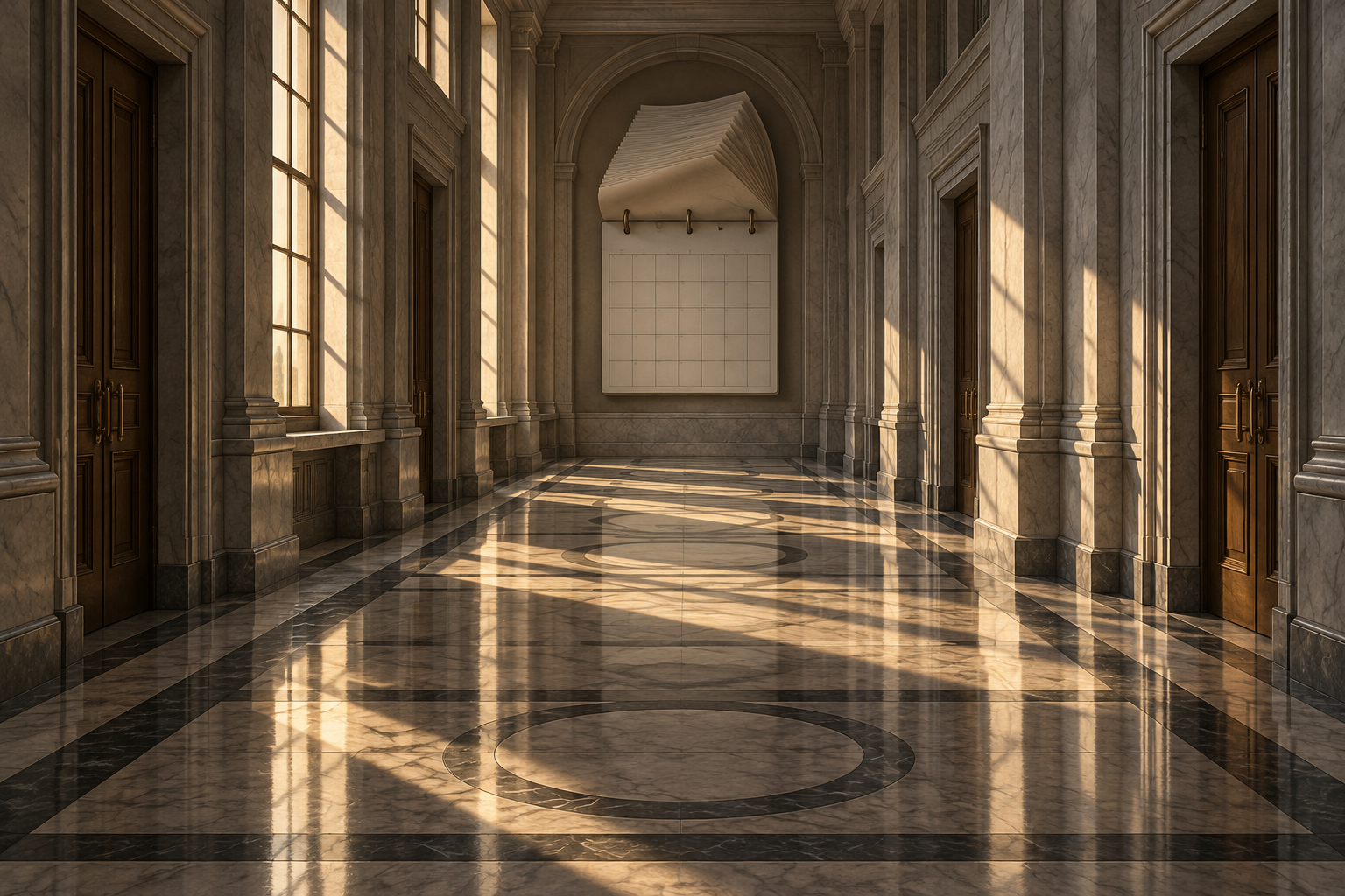 A long empty marble corridor with closed doors leads toward a wall calendar in slanted afternoon light.