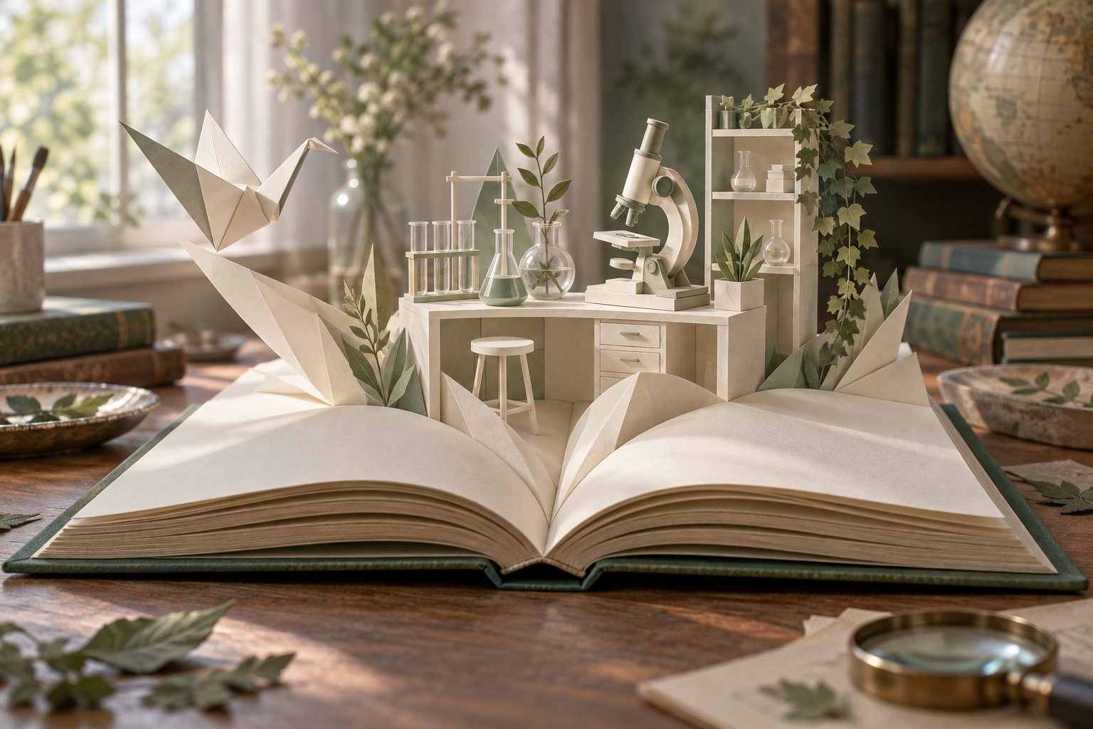 A paper laboratory bench pops up from the pages of an open journal on a desk.