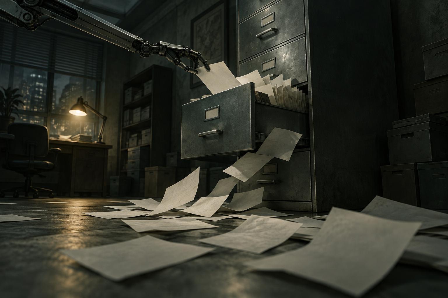 A mechanical arm pulls open a filing cabinet drawer in a dark office as invoices spill out.