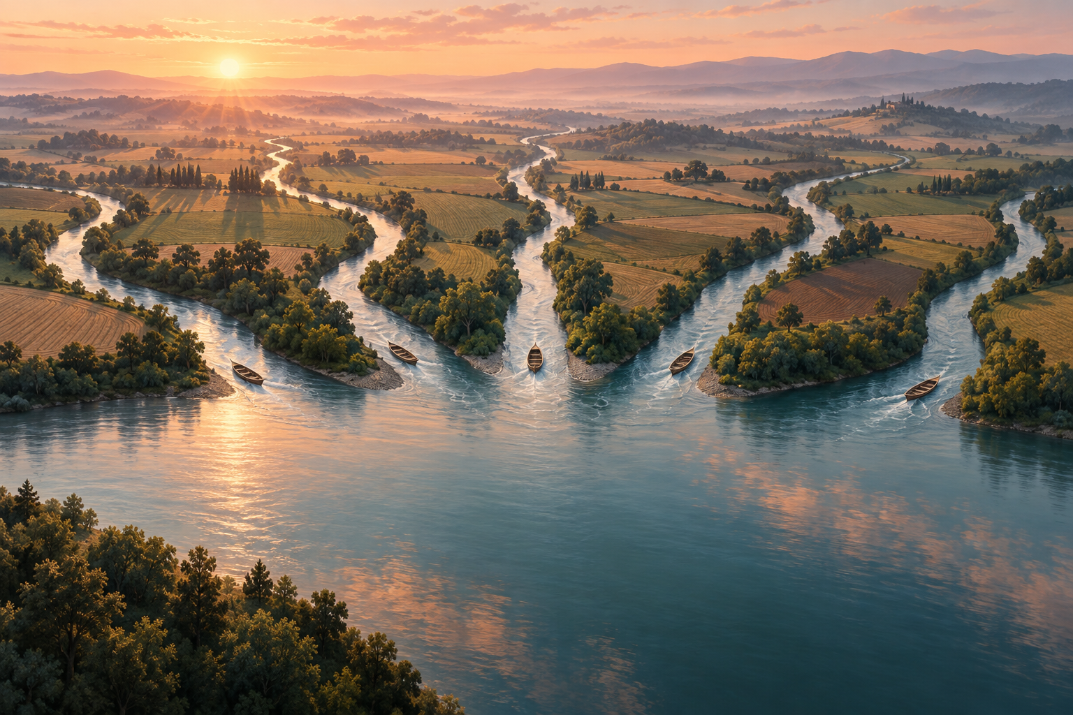 An aerial view of several small rivers joining into one wide river at dawn.