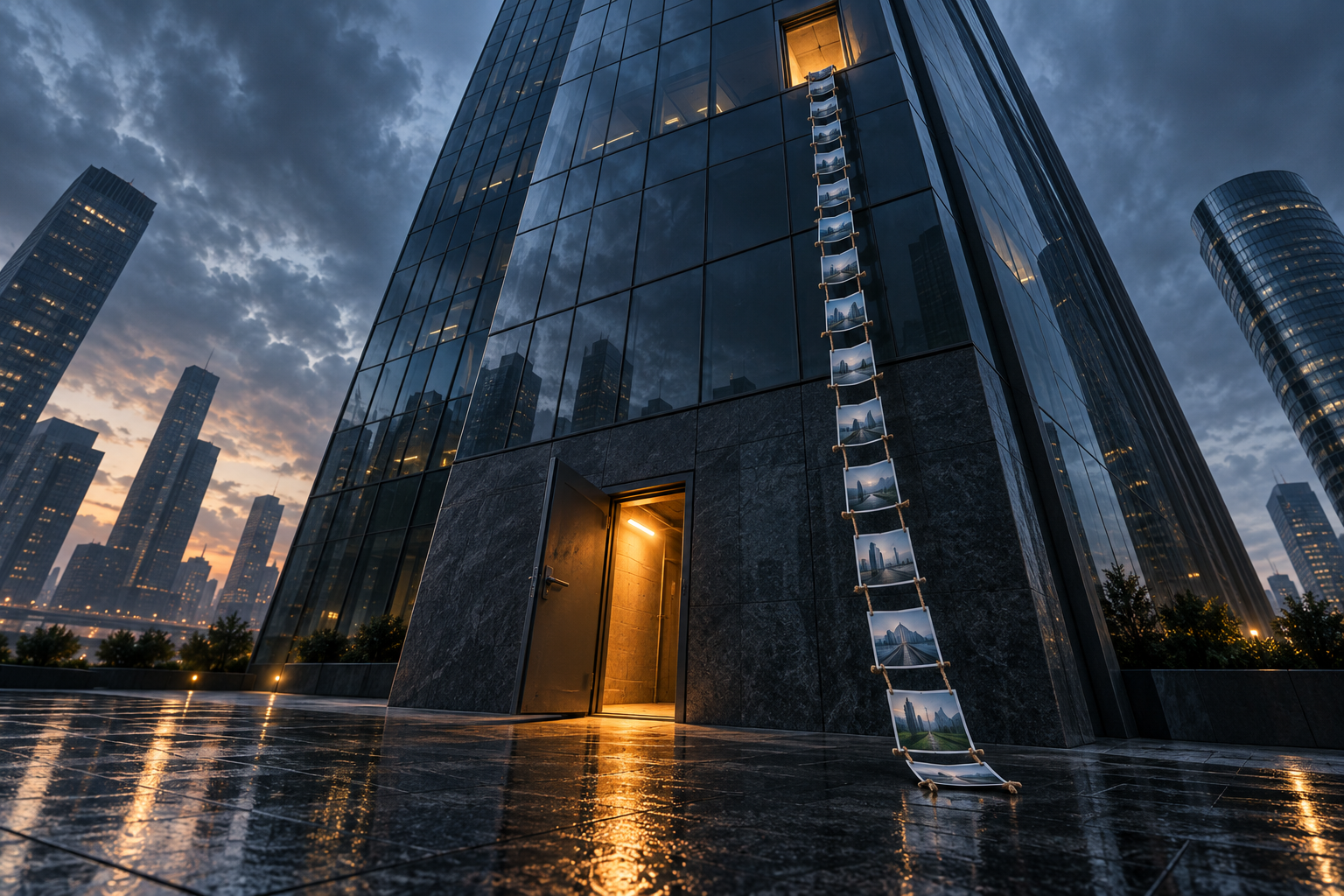 A glass office tower at dusk with a small service door left ajar and a rope ladder made of photographs hanging from a high window.