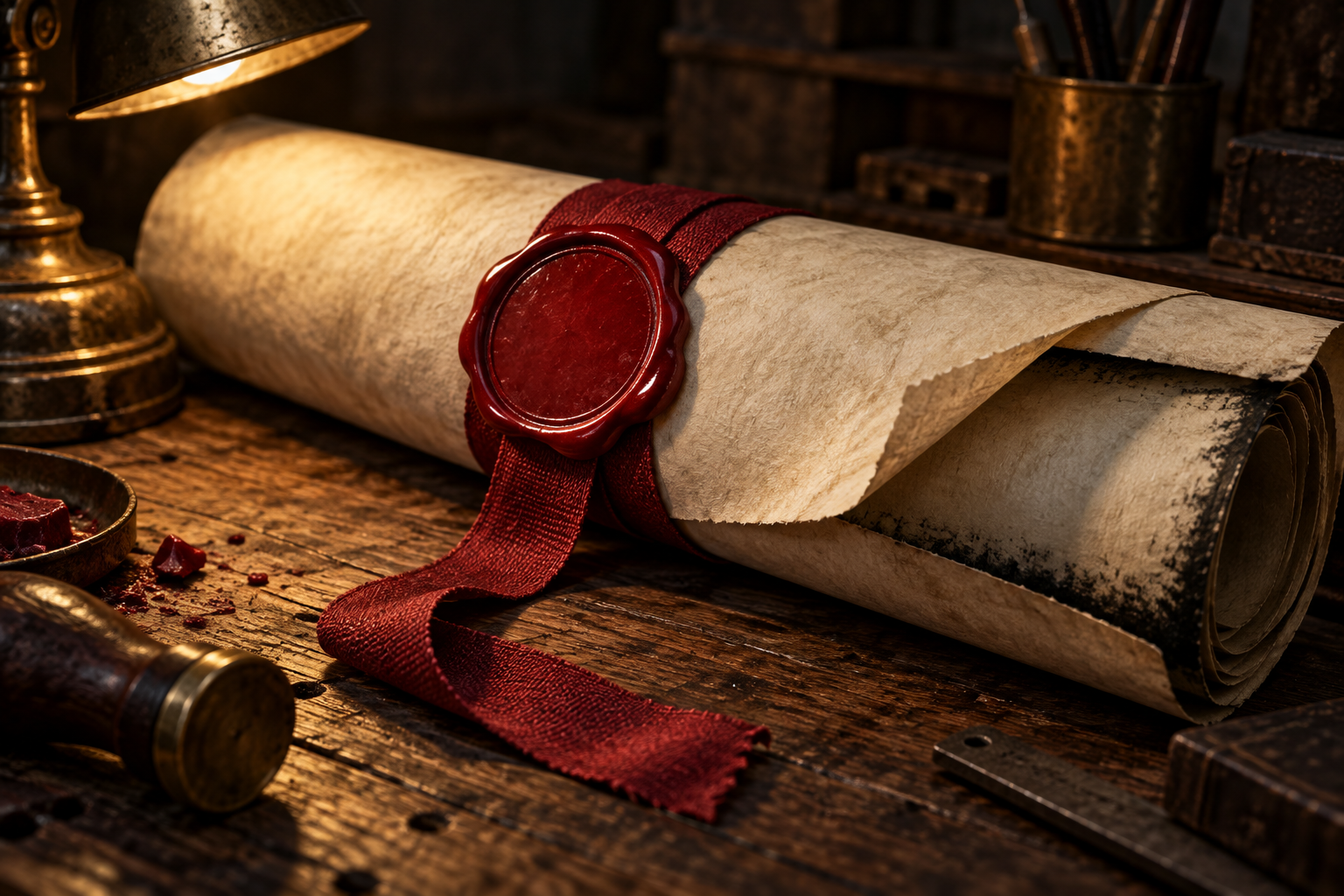 A close-up of an unbroken wax seal on a scroll whose parchment underneath has been replaced by a darker one.