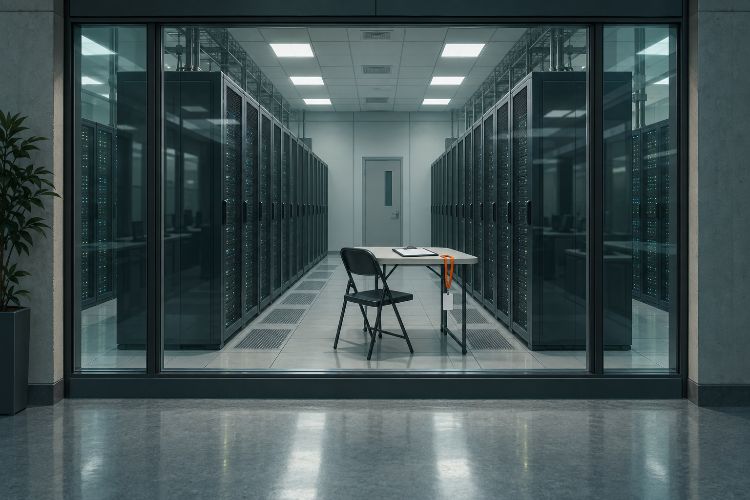 A folding desk with a clipboard and orange visitor lanyard placed between rows of server cabinets, viewed through a glass wall.