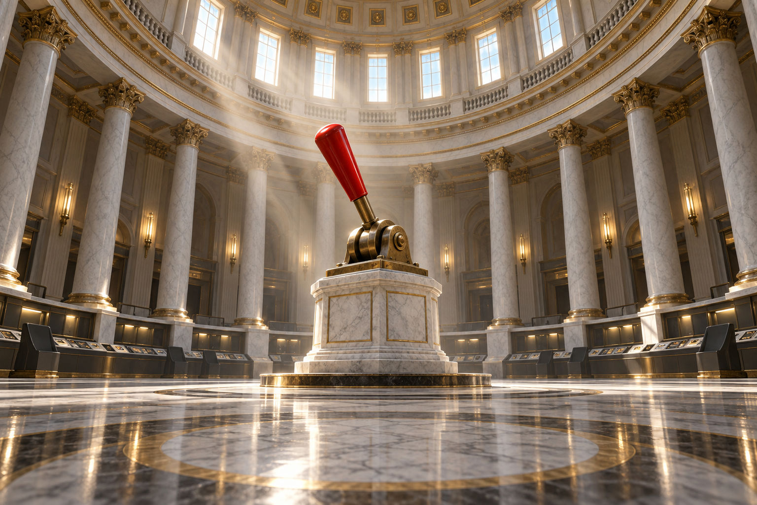 A large red emergency stop lever on a marble pedestal under a capitol dome lit by morning sunlight.