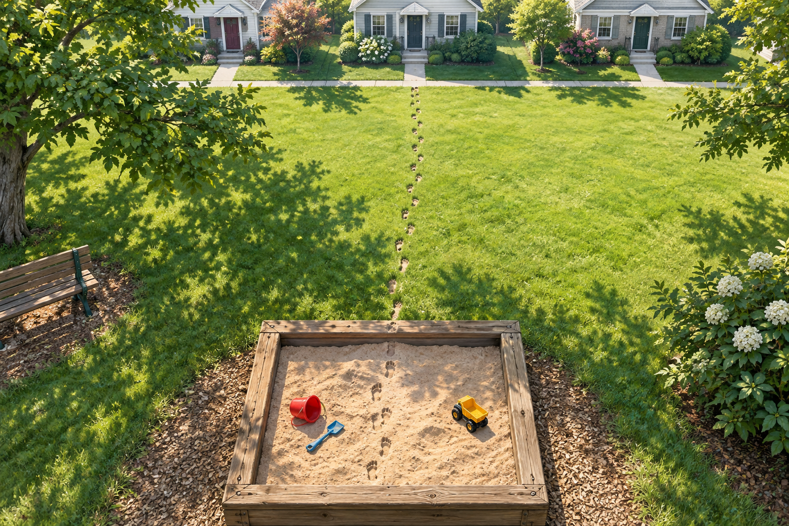 An overhead view of footprints leading out of a wooden sandbox across a lawn toward three houses and stopping before the first door.
