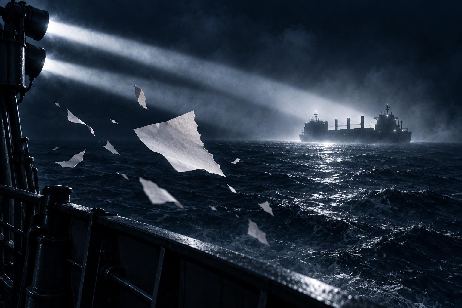 Searchlights from a ship's deck sweep across dark water toward a distant cargo vessel as a sheet of paper breaks apart in the wind.