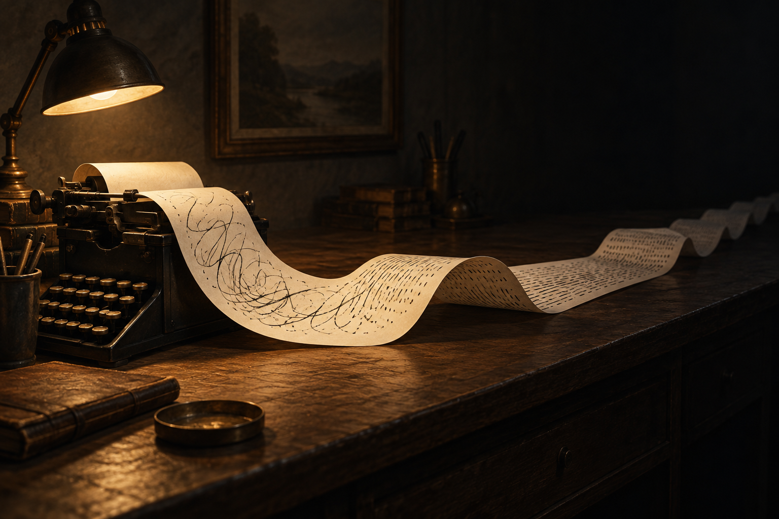 A paper strip runs from a typewriter across a desk, its handwriting turning into unreadable ticker tape as it disappears into shadow.