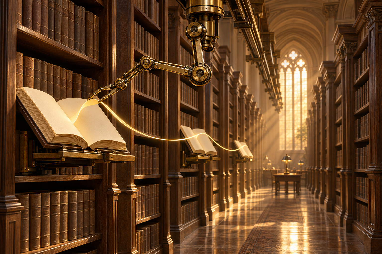 A mechanical arm on ceiling rails opens books along a tall library aisle, trailing a glowing ribbon between the shelves.