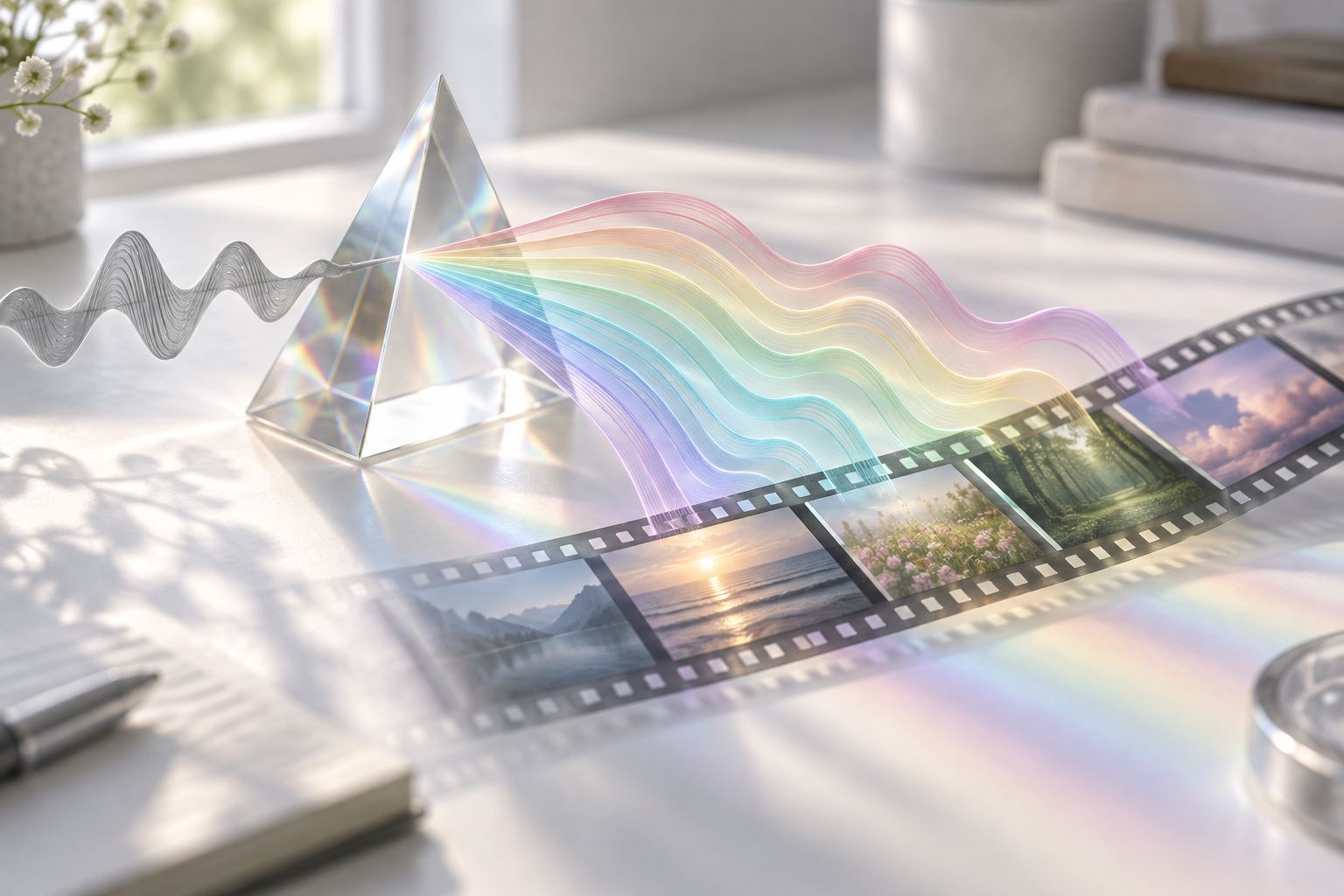 A glass prism on a white desk splits a single grey sound ribbon into many pastel threads falling onto a strip of film.