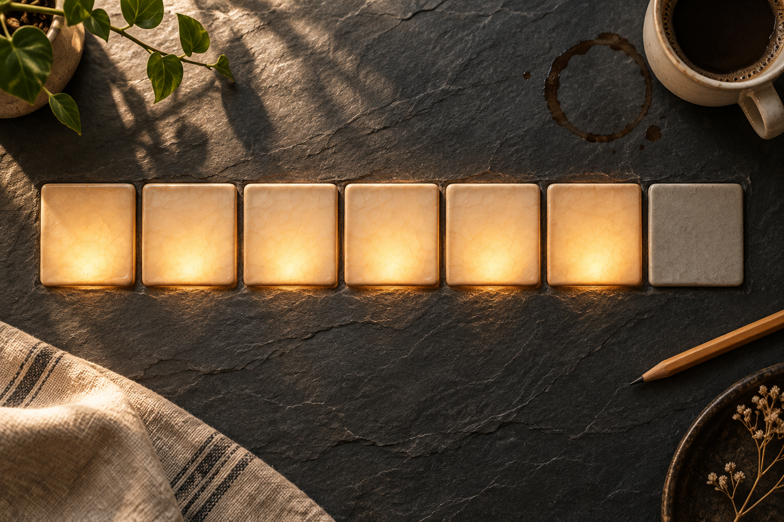 Seven ceramic tiles arranged as a weekly planner on a slate table, six glowing warm amber and one dark.