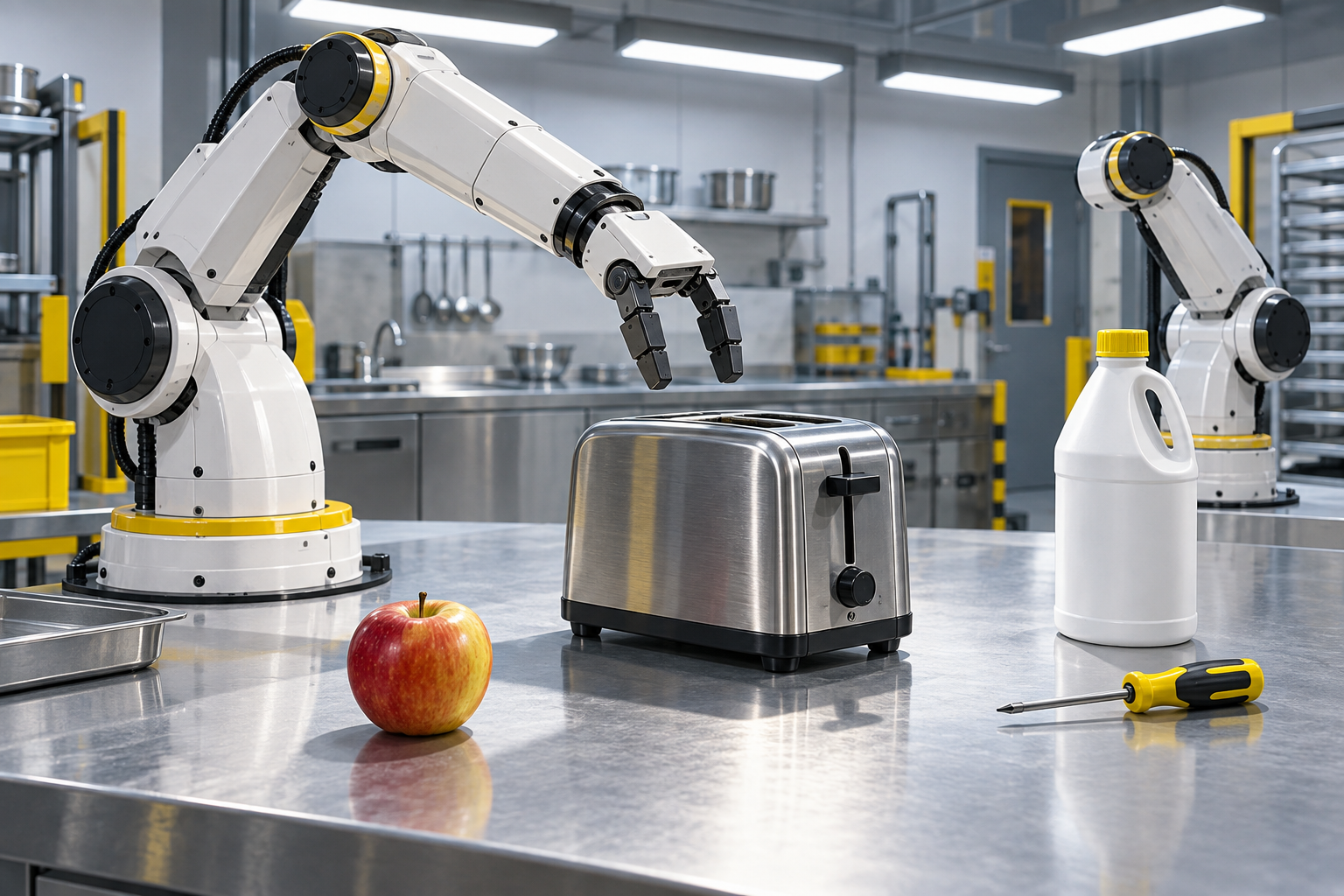 Two white robot arms poised over a laboratory kitchen counter holding a toaster, a screwdriver, a bleach bottle and an apple.