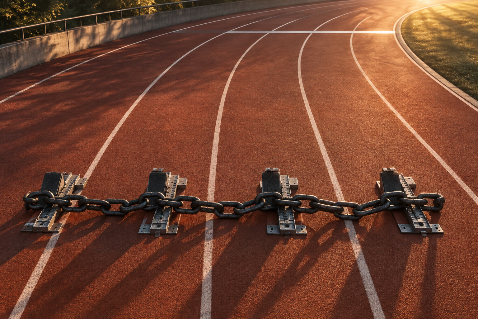 Overhead view of four empty starting blocks on a red running track linked together by a heavy iron chain.