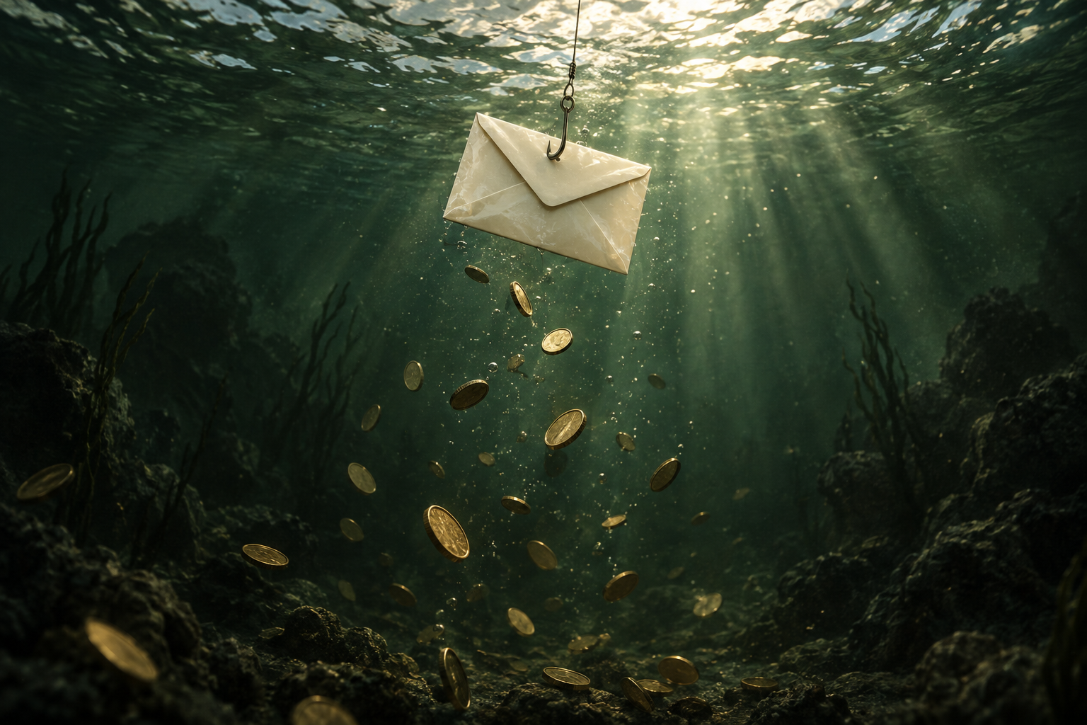 An underwater view of a fishing lure shaped like a sealed envelope hanging above sinking gold coins.