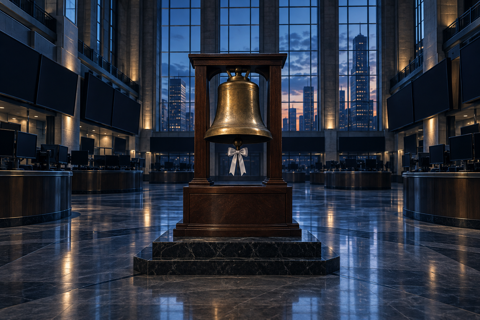 An empty trading floor at dusk with a large brass bell whose clapper is tied still with a white ribbon.