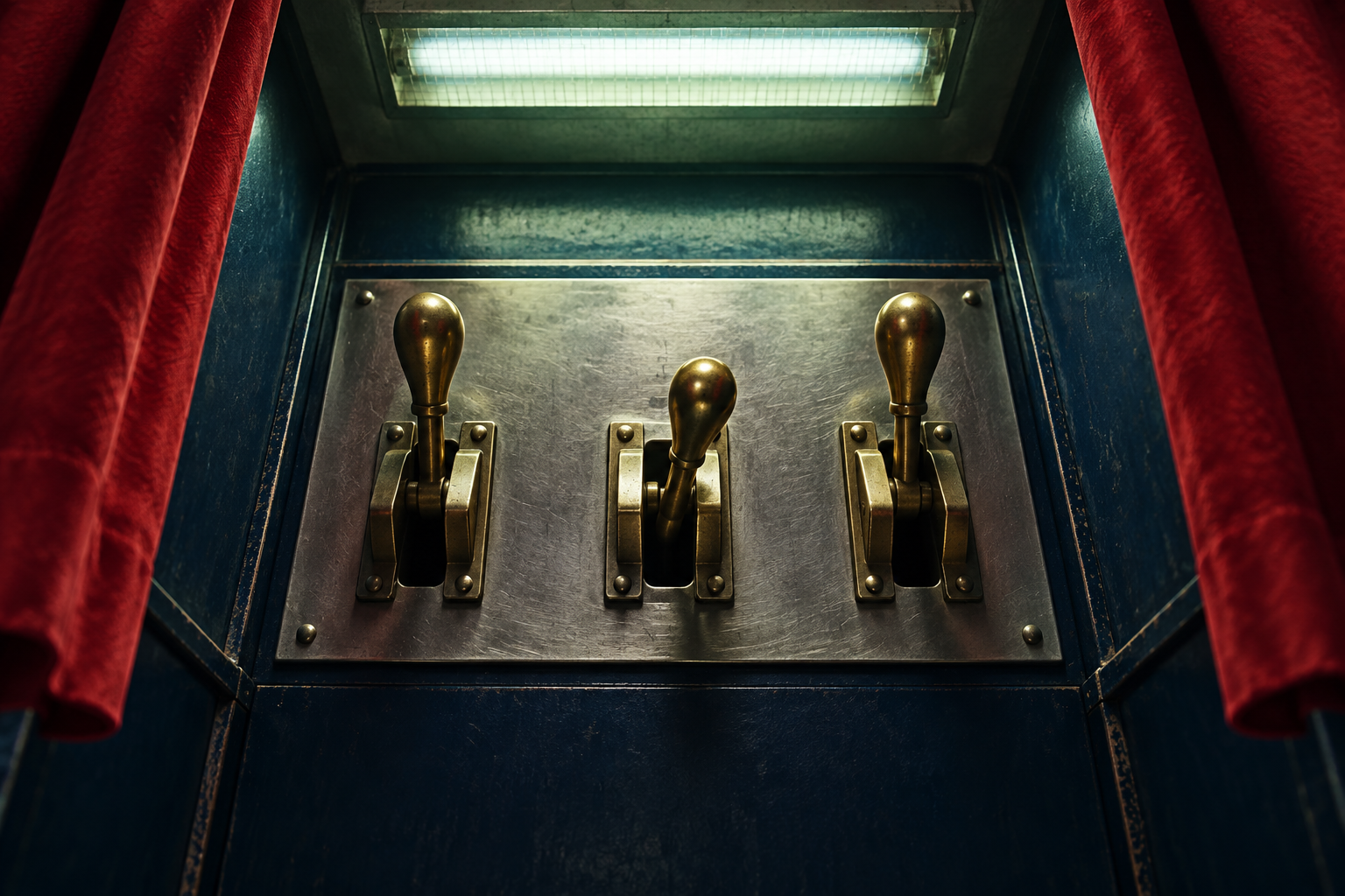 Low-angle view of three unlabeled levers on the panel of an old voting booth under fluorescent light.
