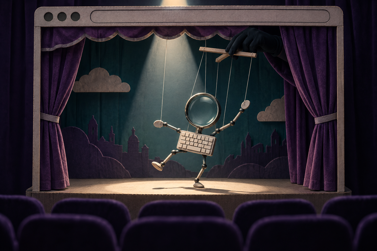A puppet stage shaped like a browser window where a gloved hand behind the curtain pulls the strings of a marionette made from a magnifying glass and keyboard.