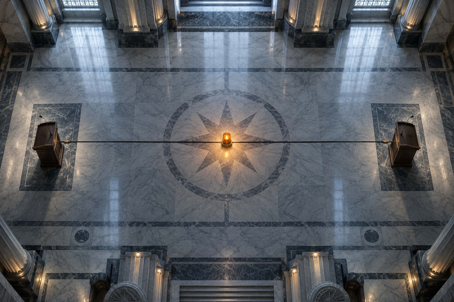 An overhead view of two empty podiums at opposite ends of a marble hall, joined by a cable with a glowing amber beacon at its center.