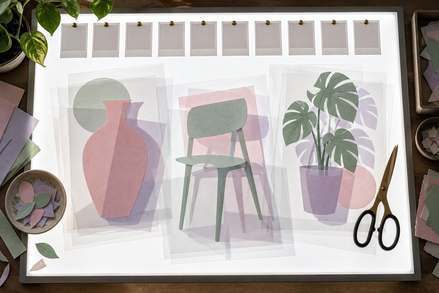 A top-down view of layered transparent sheets with cut-out shapes and a row of small blank photo cards on a glowing light table.