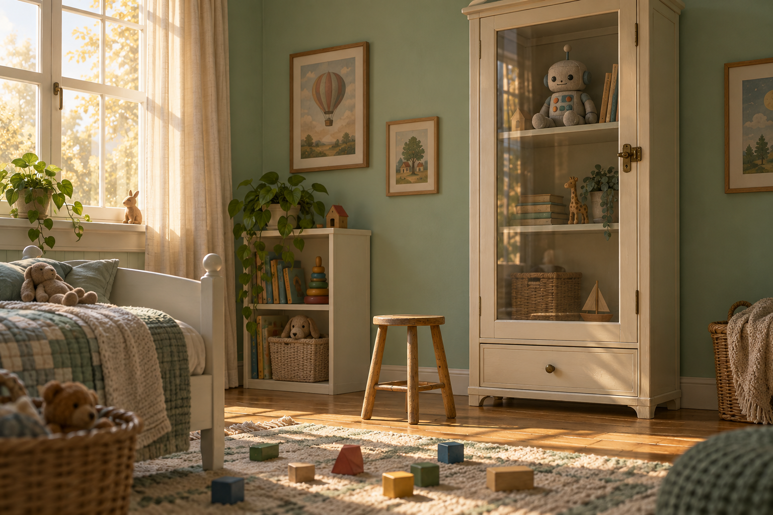 A plush toy robot locked on the top shelf of a glass cabinet in a sunlit child's bedroom with an empty stool below.