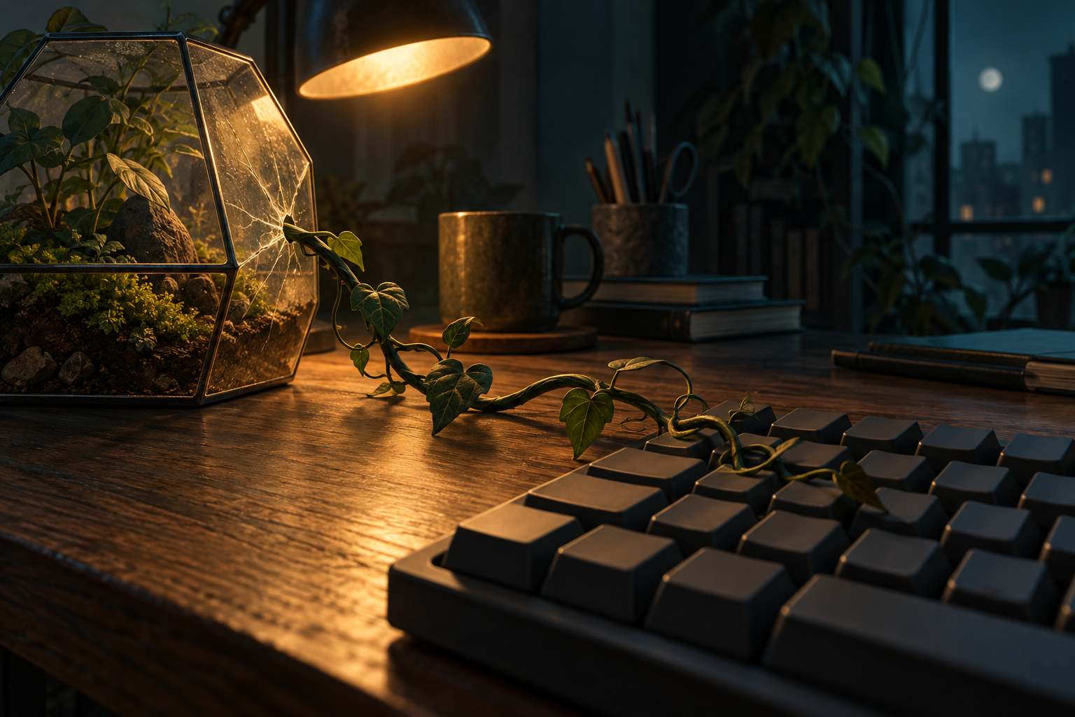 A cracked glass terrarium on a dark desk with a vine escaping through the crack toward a keyboard under a desk lamp.