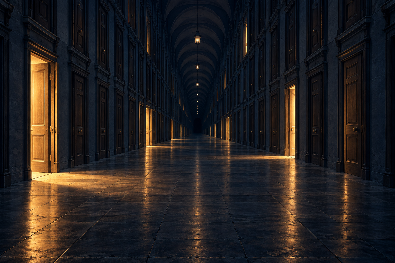 A long dark corridor lined with hundreds of closed doors, a few of them open and glowing with warm light.