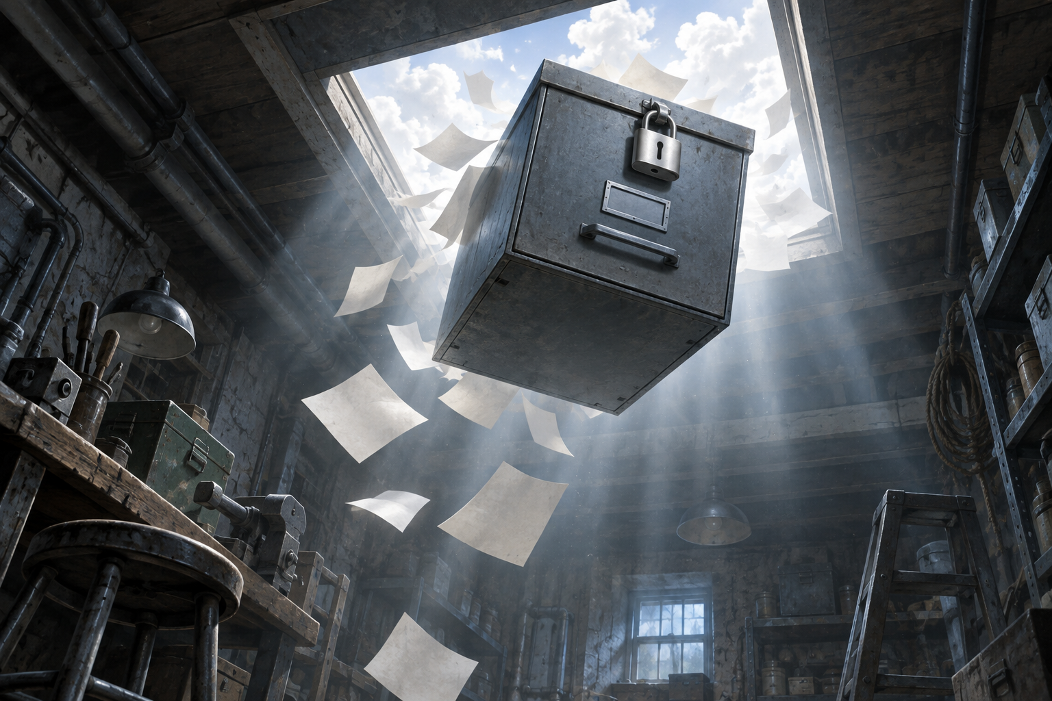 A padlocked filing-cabinet drawer floating up out of a basement workshop through a skylight toward the clouds.