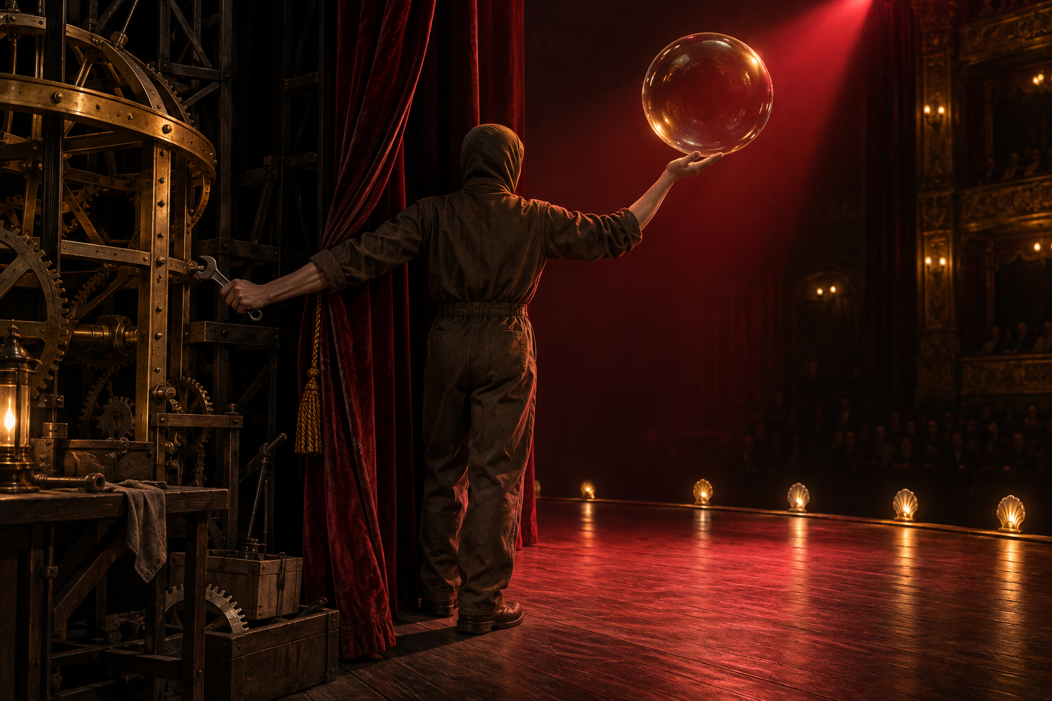 A performer on a red-lit stage balancing a soap bubble with one hand while the other hand works on a brass machine behind the curtain.