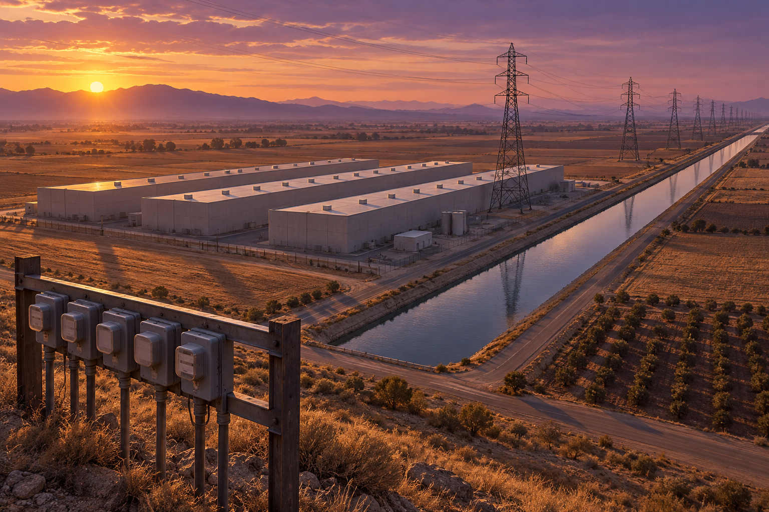 Aerial dusk view of windowless data center warehouses beside an irrigation canal and a line of transmission pylons.