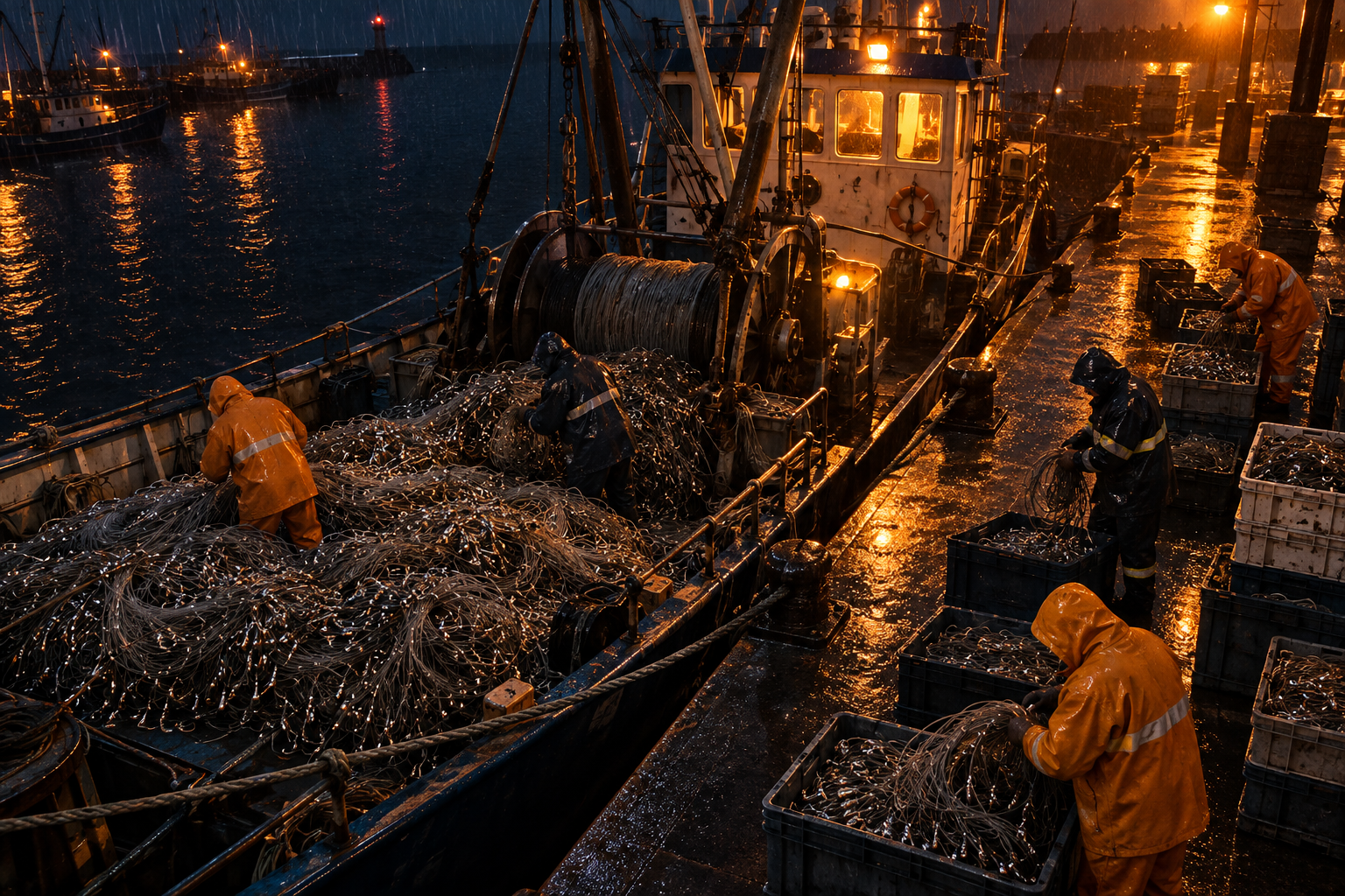 Faceless officers at a rainy night harbor clear hook-laden fishing lines off a docked trawler under orange streetlights.
