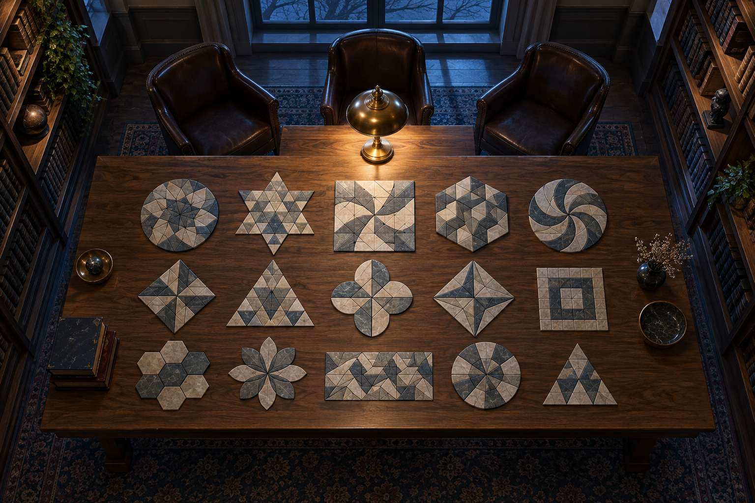 An overhead view of a library table covered with solved stone geometric puzzles, with empty armchairs gathered around a reading lamp.