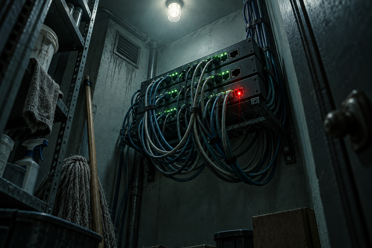 Low-angle view of small network switches in a dim wiring closet, with one port glowing red among green ones.
