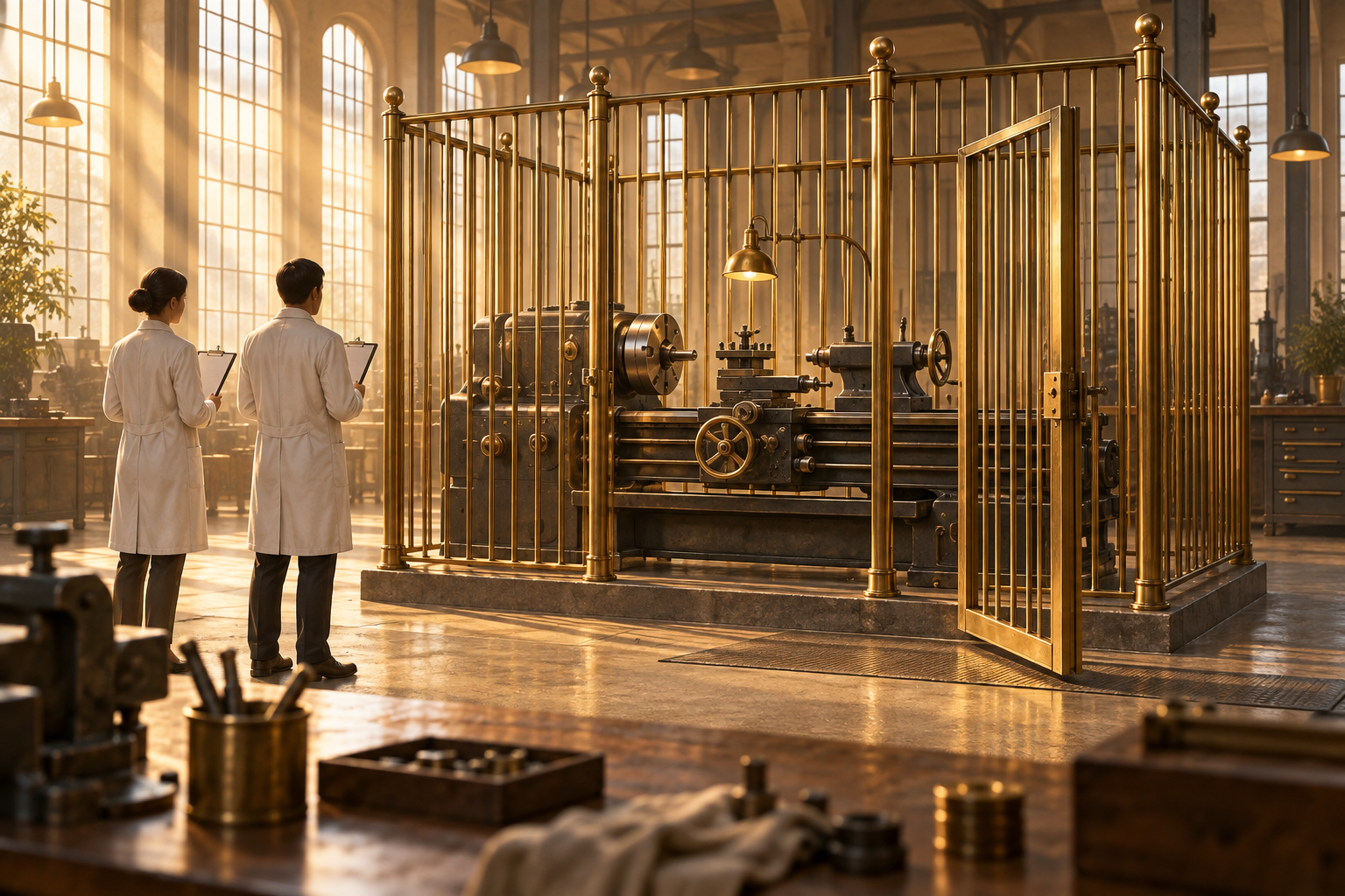 A precision lathe sits inside a brass cage in a sunlit workshop while two faceless inspectors with clipboards watch from outside.