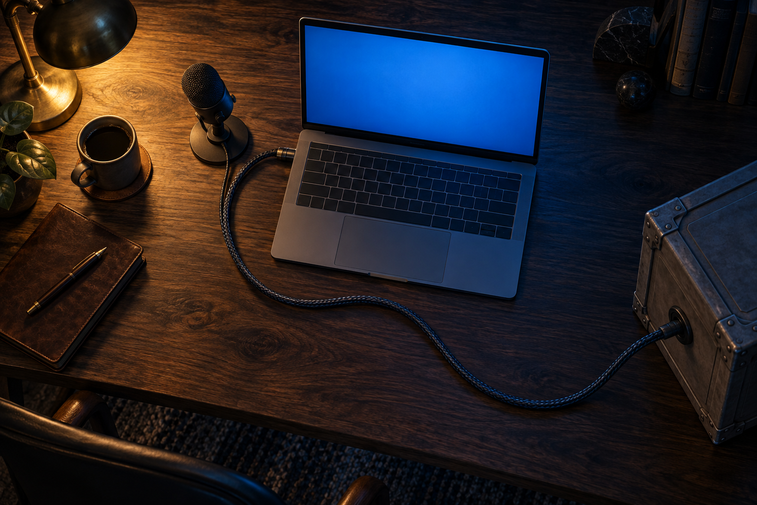 Overhead view of a desk microphone whose cable curves away from a laptop into a sealed grey crate.