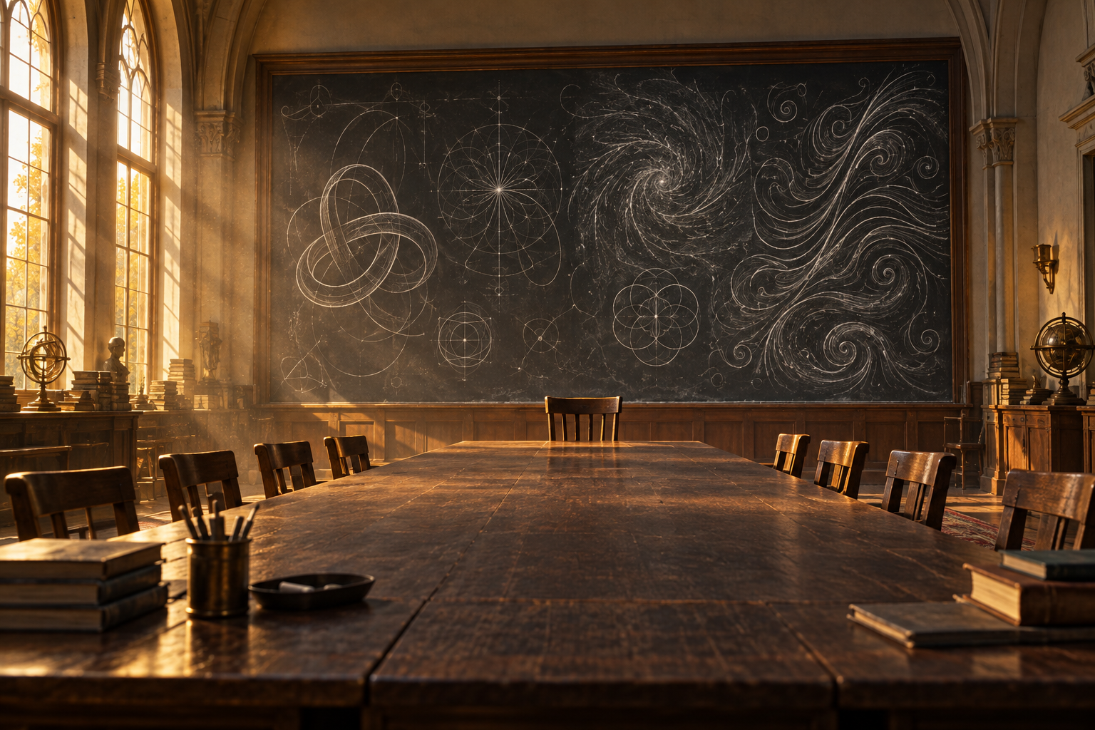 An empty seminar table faces a huge blackboard filled with abstract chalk curves in a sunlit lecture hall.