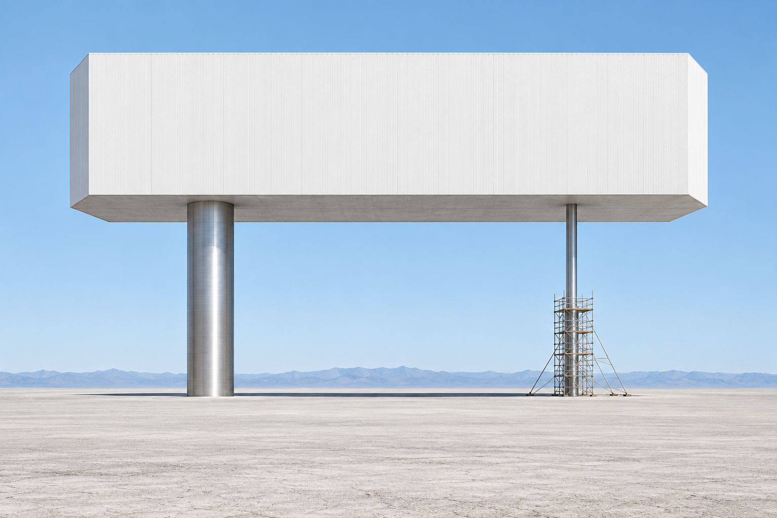 A massive warehouse building balanced on two thin steel pillars, one of them braced with scaffolding, stands above an empty plain at noon.