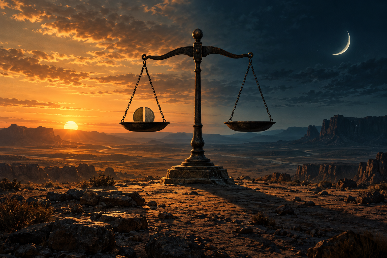 An iron balance scale holding a coin cut in half stands on a desert plateau, with a setting sun on one side and a rising moon on the other.