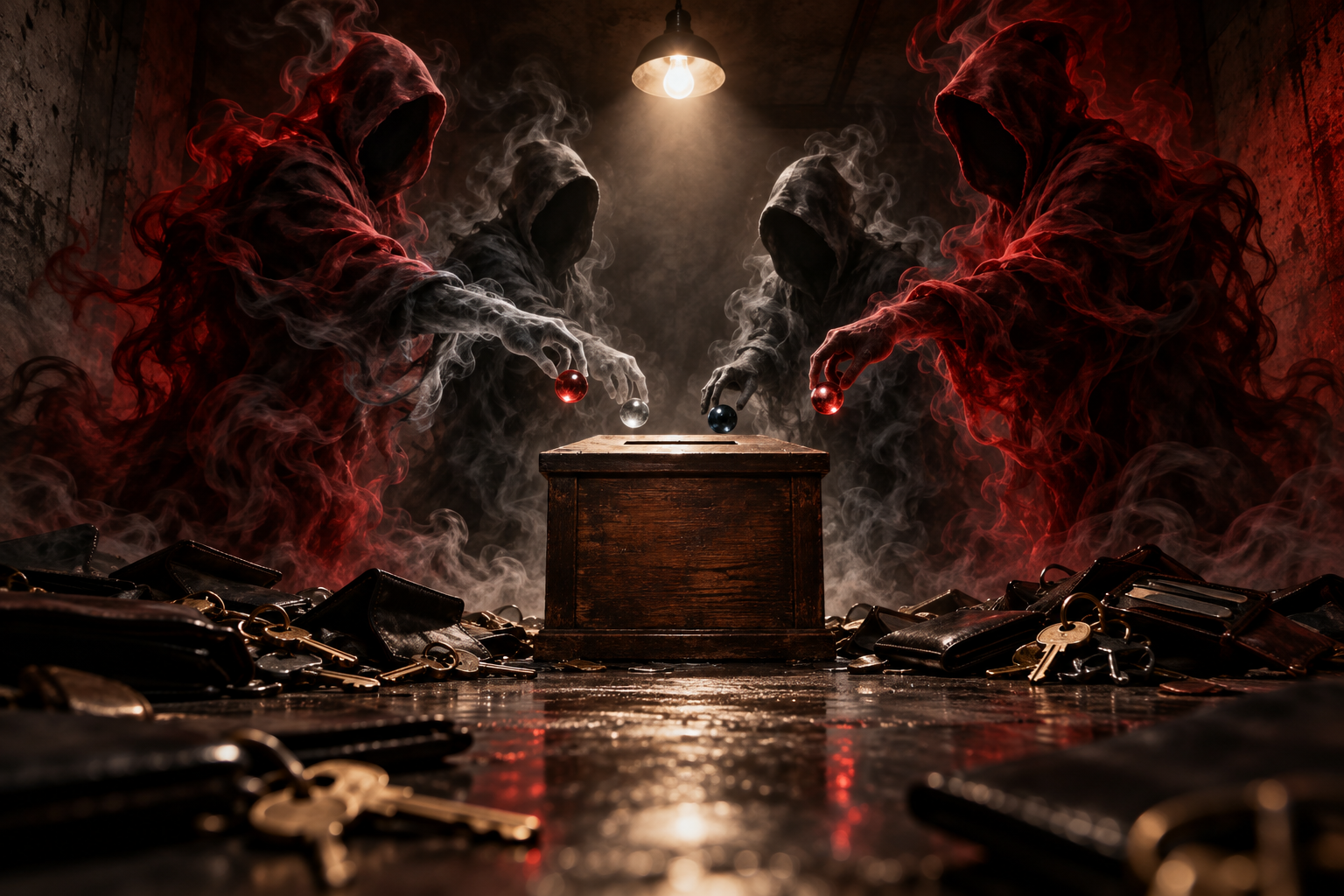 Four faceless smoky figures in a dark room drop colored marbles into a ballot urn surrounded by piles of keys and wallets.