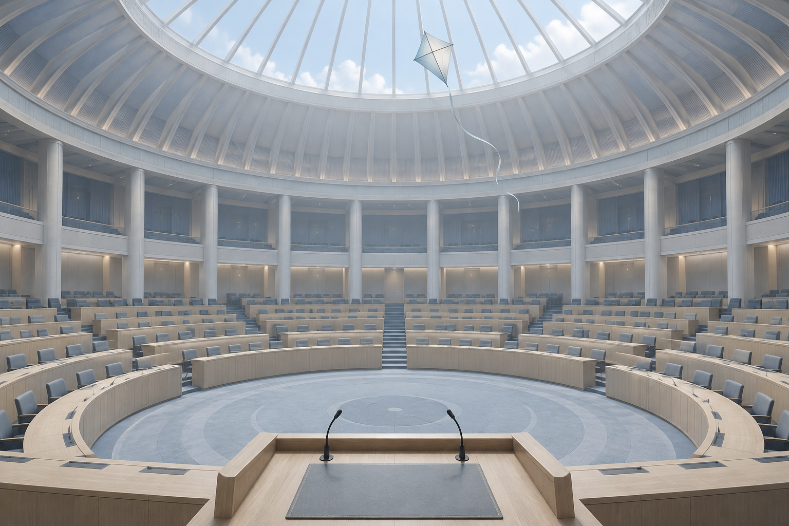 From a rostrum, an empty circular assembly chamber where an untethered kite drifts toward a domed skylight.