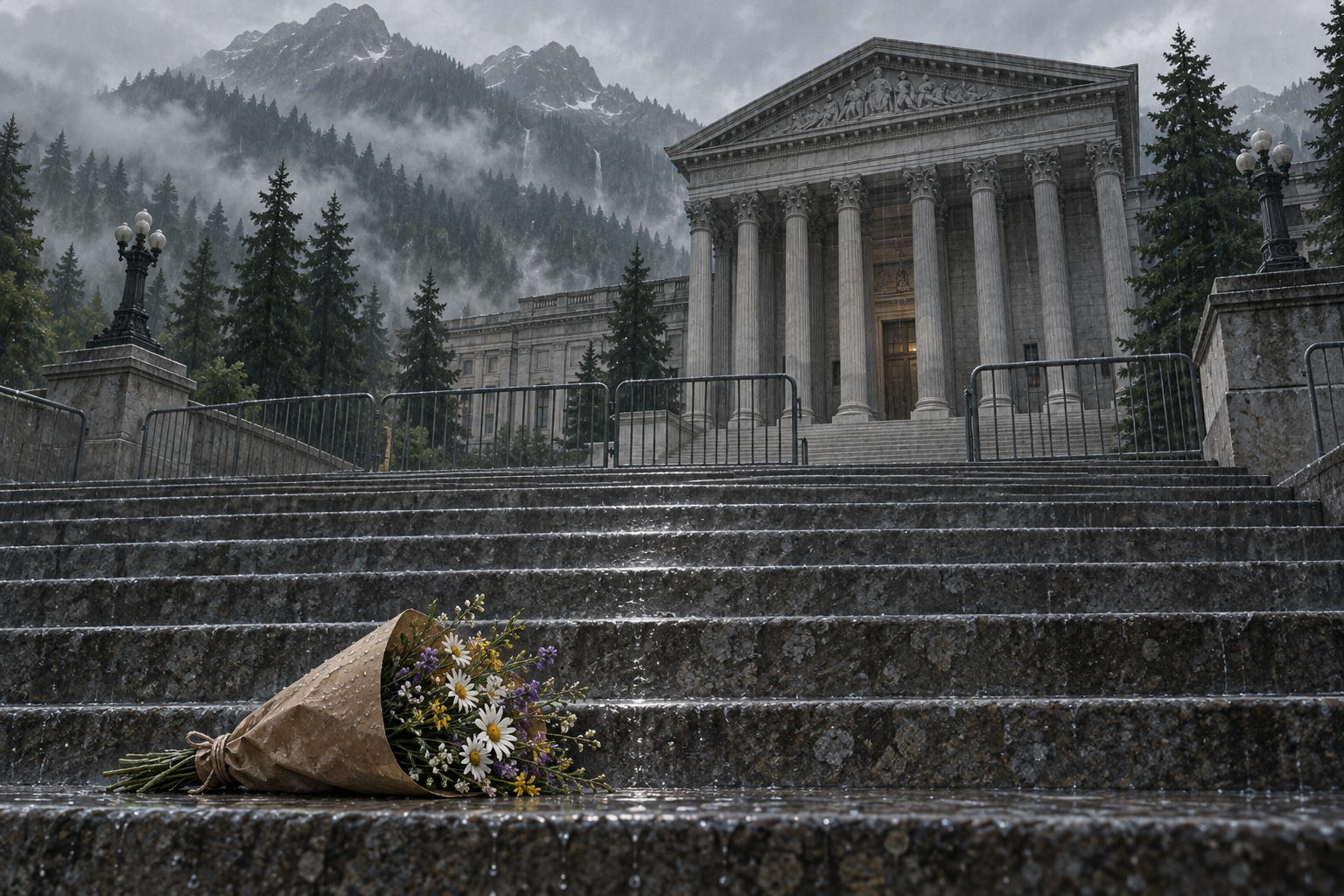 A small bundle of wildflowers rests on rainy courthouse steps in front of a temporary fence, with misty forested mountains beyond.