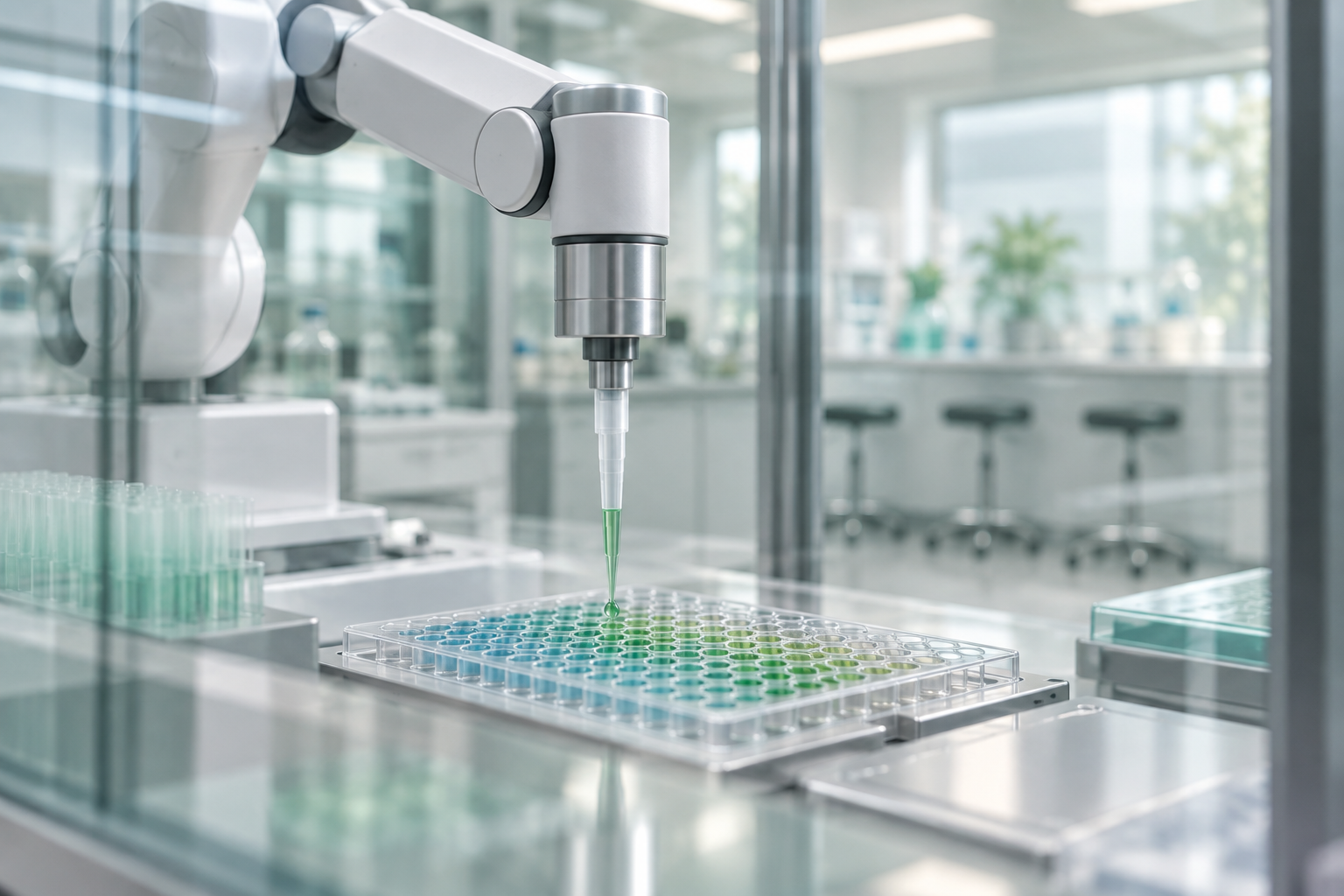 Seen through glass, a robotic pipetting arm hovers over a microplate of coloured wells in an empty bright lab.