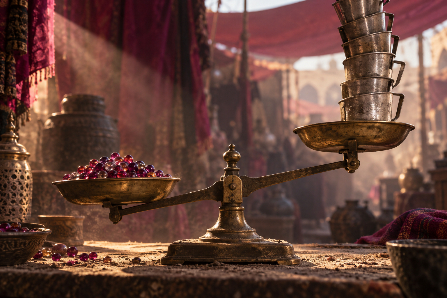 A brass market scale weighs a small heap of glass beads against a tall stack of measuring cups.