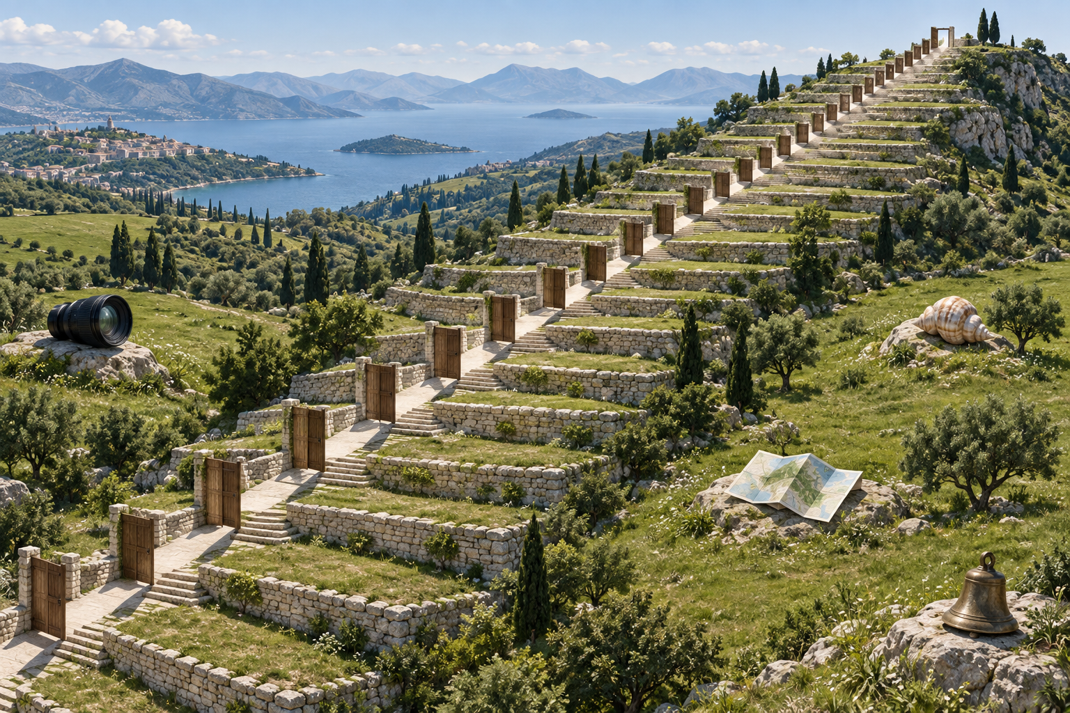 An overhead view of thirty terraced stone steps on a green hillside, lined with open wooden gates and scattered everyday objects.