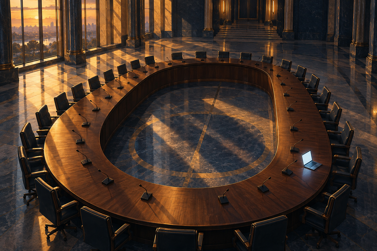 An empty horseshoe-shaped council table seen from above, with microphones and a single glowing laptop on one seat.